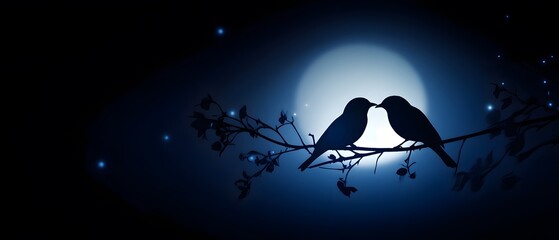 Fototapeta premium Birds Silhouettes Against Glowing Moonlight