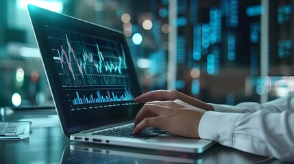 Close-up of hands typing on laptop with stock market data on screen.
