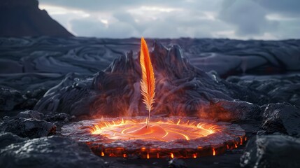 A single fiery feather stands on a lava rock, surrounded by a glowing circle. A symbol of hope amidst destruction.