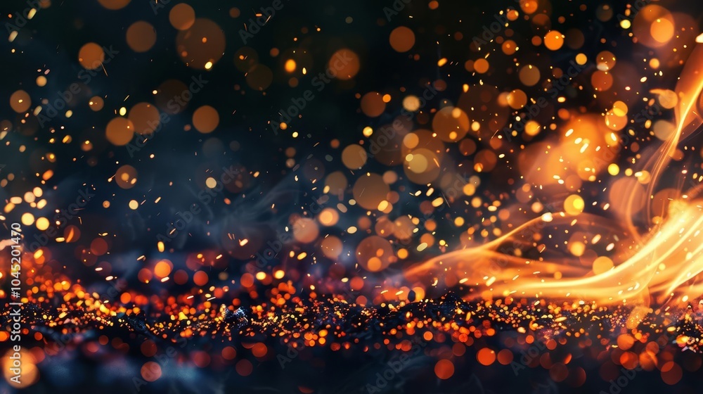 Poster abstract fiery background with sparks and bokeh lights.