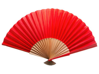 Red oriental paper fan shown in an open display with intricate folds and elegant craftsmanship, commonly used in traditional cultural performances and decor. Isolated on transparent background, png.