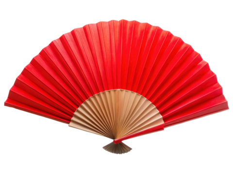 Red oriental paper fan shown in an open display with intricate folds and elegant craftsmanship, commonly used in traditional cultural performances and decor. Isolated on transparent background, png.