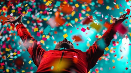 Obraz premium Man celebrating with confetti falling from the sky.