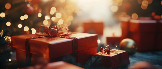 Red Christmas Presents Under Tree With Festive Lights
