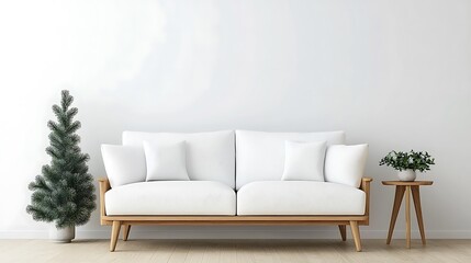 Obraz premium Stylish minimalist living room with cozy sofa decorative plant and festive tree in modern interior design