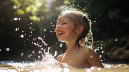 Obraz premium Happy Girl Playing in Shallow Water Splashing Joyfully