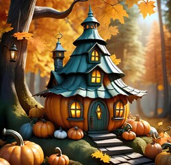 fairytale pumpkin house in the forest