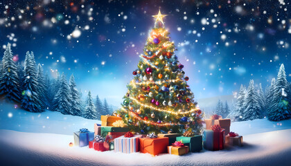Enchanting christmas tree adorned with colorful ornaments and gifts in a winter wonderland