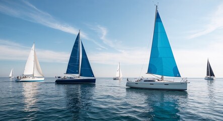 Fototapeta premium Blue and white sailboat ocean background sailboats on calm summer waters under a bright sky