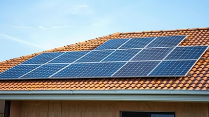 Renewable energy solutions featuring solar panels on a house roof under a clear blue sky with copy space