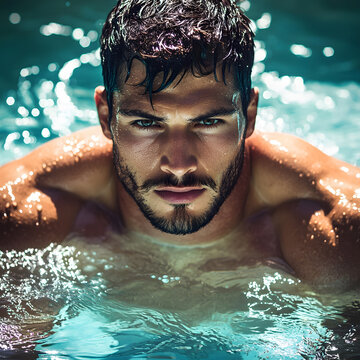 hunky muscly rugby player Caucasian man, emerging from swimming pool, wide shot