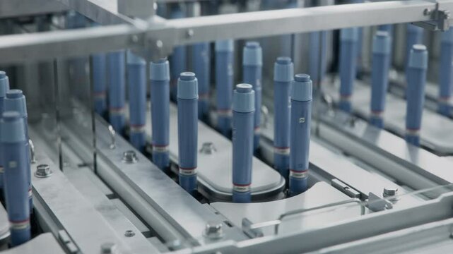 Insulin Injection Pens on Conveyor Line during Production Process at Modern Pharmaceutical Factory. Medication Manufacturing. Medicinal Drug Production Plant. 