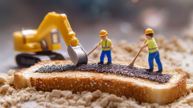 Miniature Construction Workers Paving a Road on a Slice of Toast - Creative Conceptual Image of Tiny Workers on Food