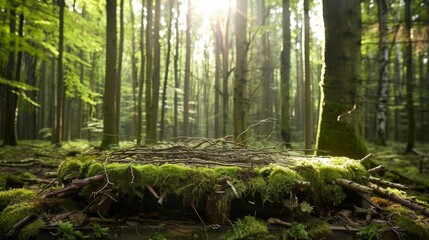 Obraz premium Sunlight streams through the canopy of a lush forest, illuminating the mossy forest floor.