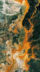 Satellite image showing the spread of a toxic chemical spill into rivers, affecting multiple ecosystems