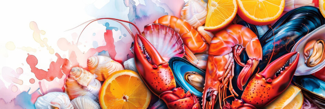 Fresh seafood platter with lobster, shrimp, mussels, and orange slices.