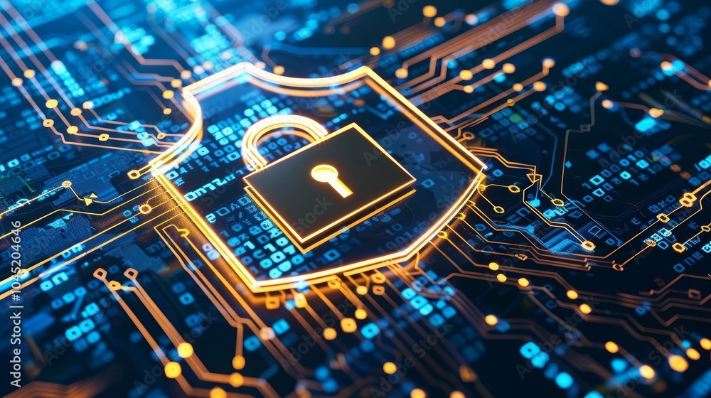 Poster cybersecurity concept with a padlock and shield on a circuit board.