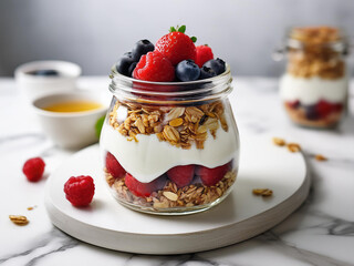 Layered vegan parfait in a glass jar with coconut yogurt, berries, granola, and maple syrup on a white marble background ai.