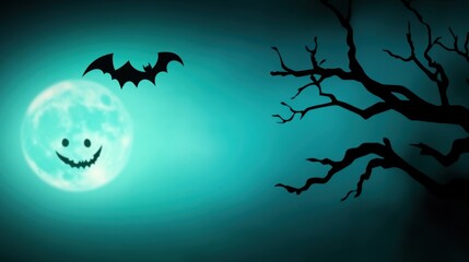 whimsical Halloween illustration showcases a glowing full moon with a smiling face, eerie tree branches, and a fluttering bat, perfect for festive decorations and promotions.