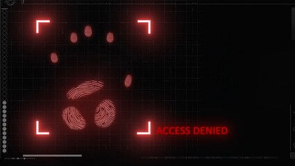 Cyber security modern technology infographics. Hand touches glass screen panel, holographic scanner interface scanning prints on male palm checking safety identification, access denied.