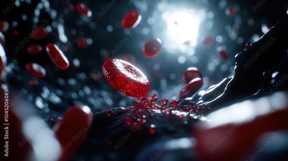 Poster a close-up of red blood cells in a dark fluid setting, illuminated by a glowing light, showcasing th