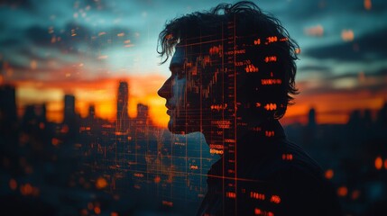 Double exposure portrait of a businessman against a sunset city skyline with financial data overlay