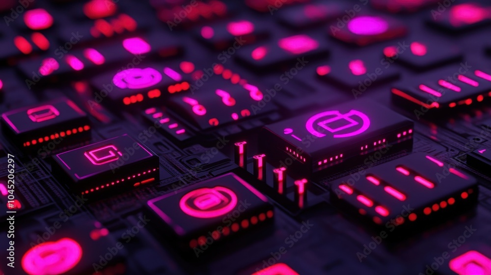 Poster a cyberpunk interface with vivid neon lights and floating holographic security symbols with copy spa