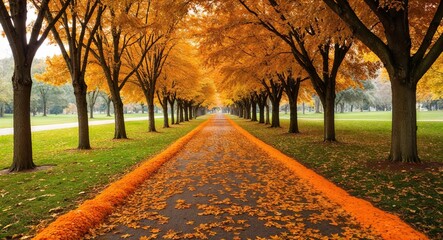 Golden orange park path background a tree lined path covered in golden leaves