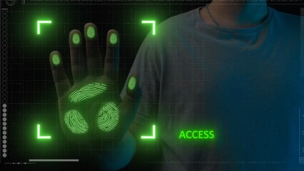 Man hand touches glass screen panel, holographic scanner interface scanning prints on male palm checking safety identification, access approved.