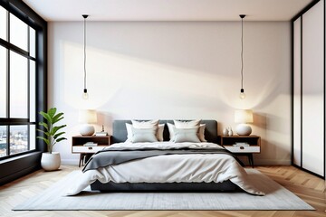 Contemporary bedroom with light wall and copy space. Empty white wall with copy space.