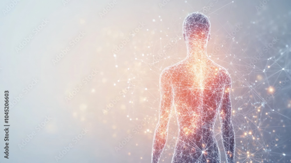 Poster abstract representation of human anatomy with glowing quantum particles connected by energy lines in