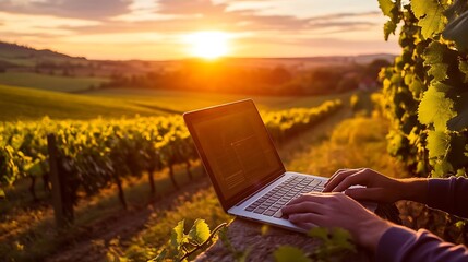  Modern agriculture technology with a person using a laptop to analyze data on sustainable farming practices at sunset in a vineyard design 