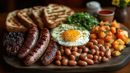 This hearty breakfast features grilled sausages, a sunny-side-up egg, baked beans, toasted bread, and fresh greens, perfect for starting the day right