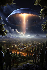 UFO sighting in the dark sky over a suburban neighborhood, with astonished residents gazing up at the mysterious craft.