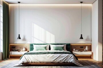 Contemporary bedroom with light wall and copy space. Empty white wall with copy space.