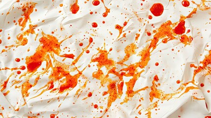 A child's bib covered in sauce stains, with splashes of red and orange sauce spread across the fabric in a chaotic pattern. --chaos