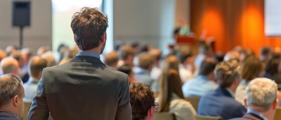 A professional conference setting showcases a diverse audience engaged in learning. A man in business attire stands in front, while attendees focus on a partially obscured presentation.