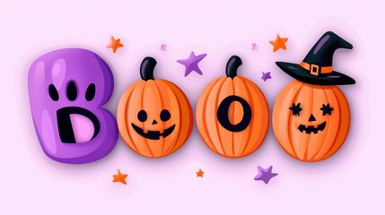 Fototapeta premium A playful Halloween digital illustration features BOO in vibrant pumpkins with whimsical faces, a cute purple ghost, and a witch hat, all set against a pastel pink background with stars.
