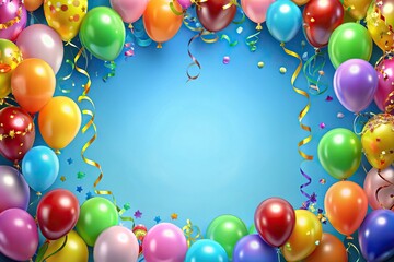 Festive low angle background with balloons and ribbons for holiday birthday celebration