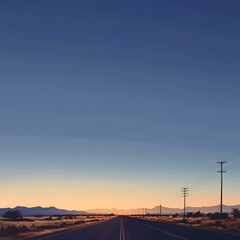 American desert highway with clean blue sky with sunset. Road side is visible at the bottom of the image