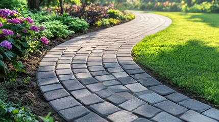 Obraz premium Curved Stone Pathway Through Lush Garden Landscape