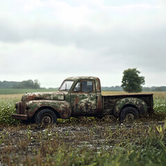 dirty farmer pickup parked in distance on field, realistic, side view