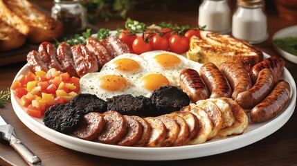 Fototapeta premium This is a hearty English breakfast spread with sunny-side-up eggs, various sausages, tomatoes, black pudding, and toasted bread, perfect for starting the day