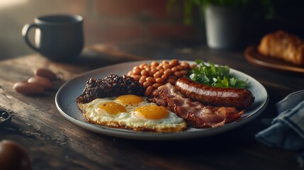 A full English breakfast is beautifully arranged on a rustic plate, featuring crispy bacon, sausages, fried eggs, baked beans, and fresh herbs, ideal for starting the day