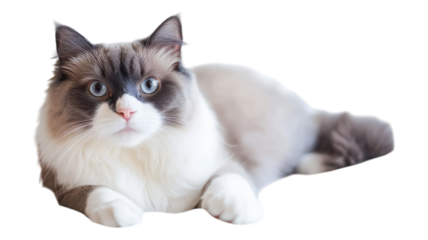 A fluffy domestic cat rests comfortably on a soft surface during a bright afternoon at home, displaying its striking blue eyes.