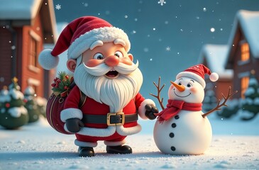 Happy Santa Claus with gifts and snowman on blue winter background with space for text. Christmas greeting card, New Year