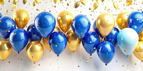 festive scene with blue and gold balloons and gold confetti on white background