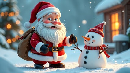 Happy Santa Claus with gifts and snowman  on blue winter background with space for text. Christmas greeting card, New Year