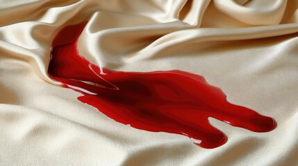 A close-up of a spilled sauce stain on a tablecloth, with the rich red liquid seeping into the fabric and spreading outward. --chaos