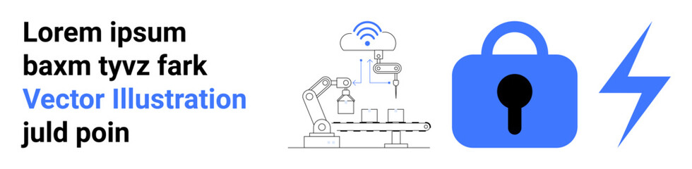 Robotic arm assembly and cybersecurity symbol in blue demonstrate the integration of technology with security measures. Ideal for technology, automation, cybersecurity, manufacturing, and internet